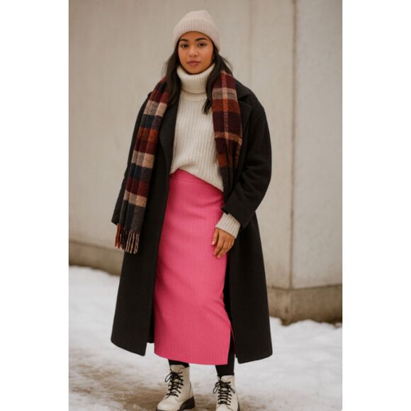 116 Women's Hot Pink Ribbed Midi Stretch Fit, Side Slit, High Waist Skirt - Picture 1 of 3